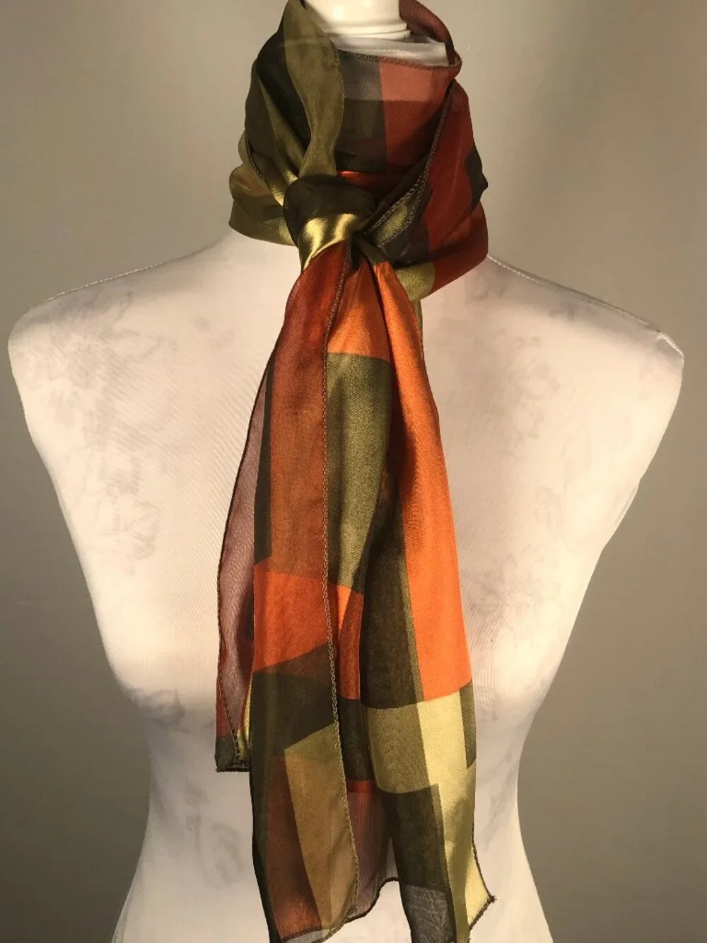 Vintage Silk Feel Geometric Chiffon Scarf — Art Deco Quiet Luxury Wrap